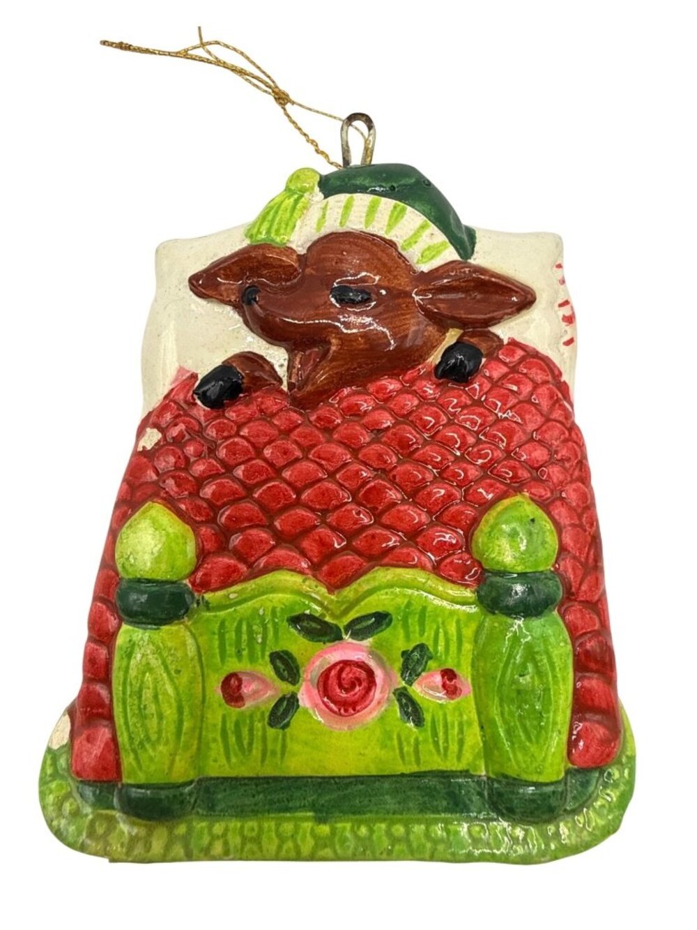 Kurt S Adler 1970s Christmas Ornament Reindeer in Bed Hand Painted Vintage 3x3